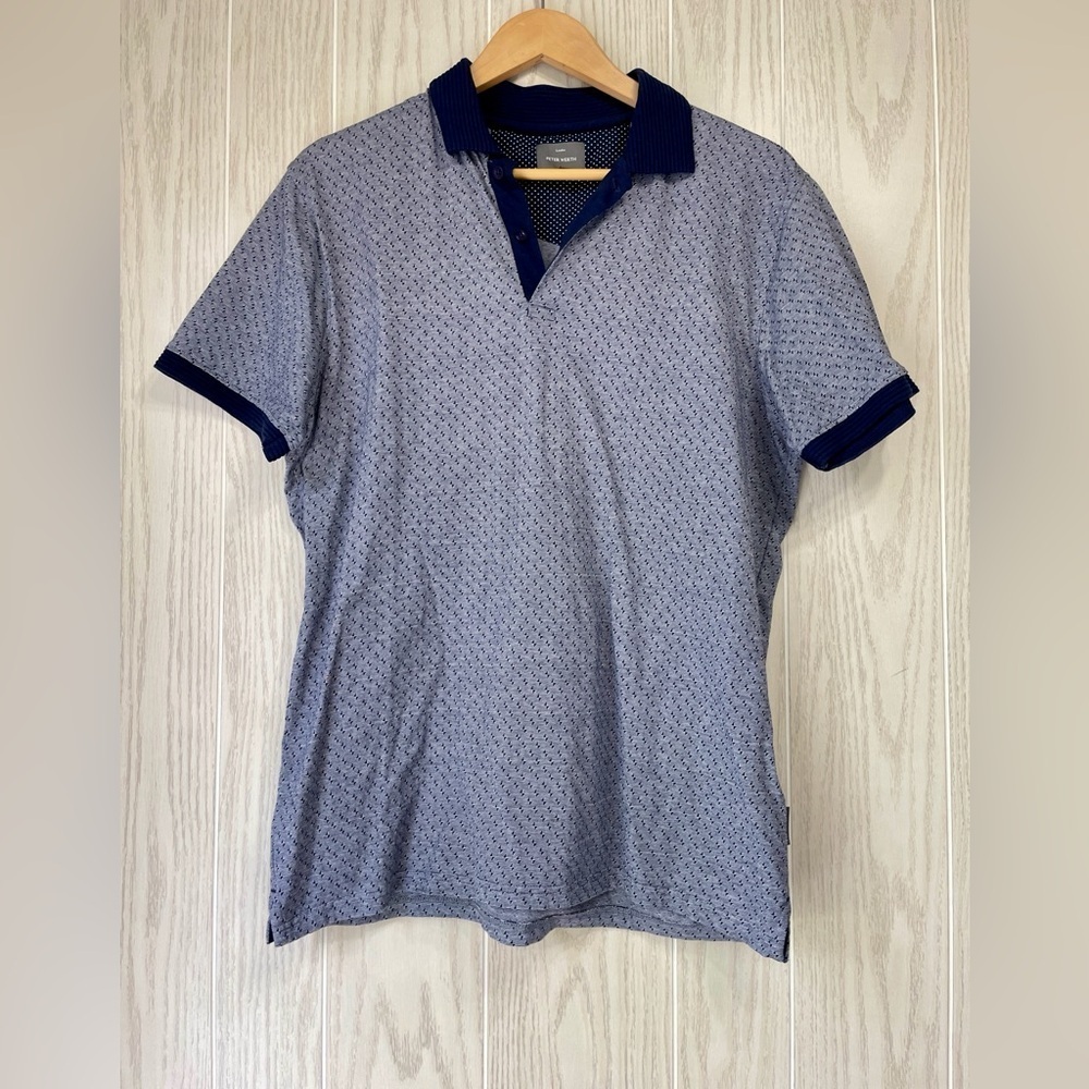 Peter Werth Large Short Sleeve Blue White Knit Geometric Polo Shirt EUC